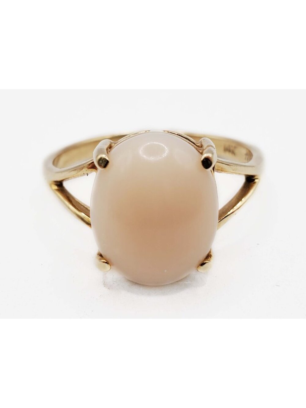 Angel Skin Coral Oval Cabochon Ring 14k Gold Size 5.5